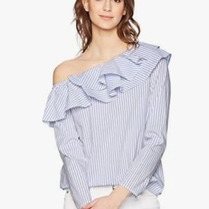 Calvin Klein Striped Off-Shoulder Ruffle Blouse